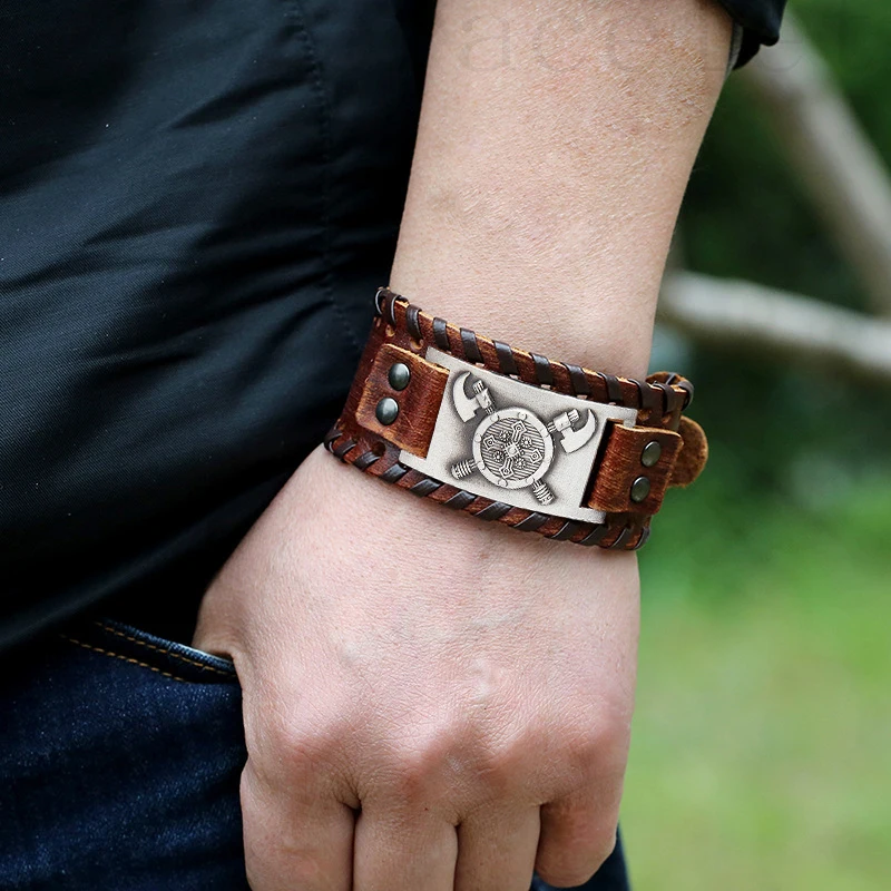 Trendy Totem Design Nordic Double Axe Irish Cross Bracelet Leather Woven Men\'s Bracelet Viking Accessorie Genuine leather jewelr