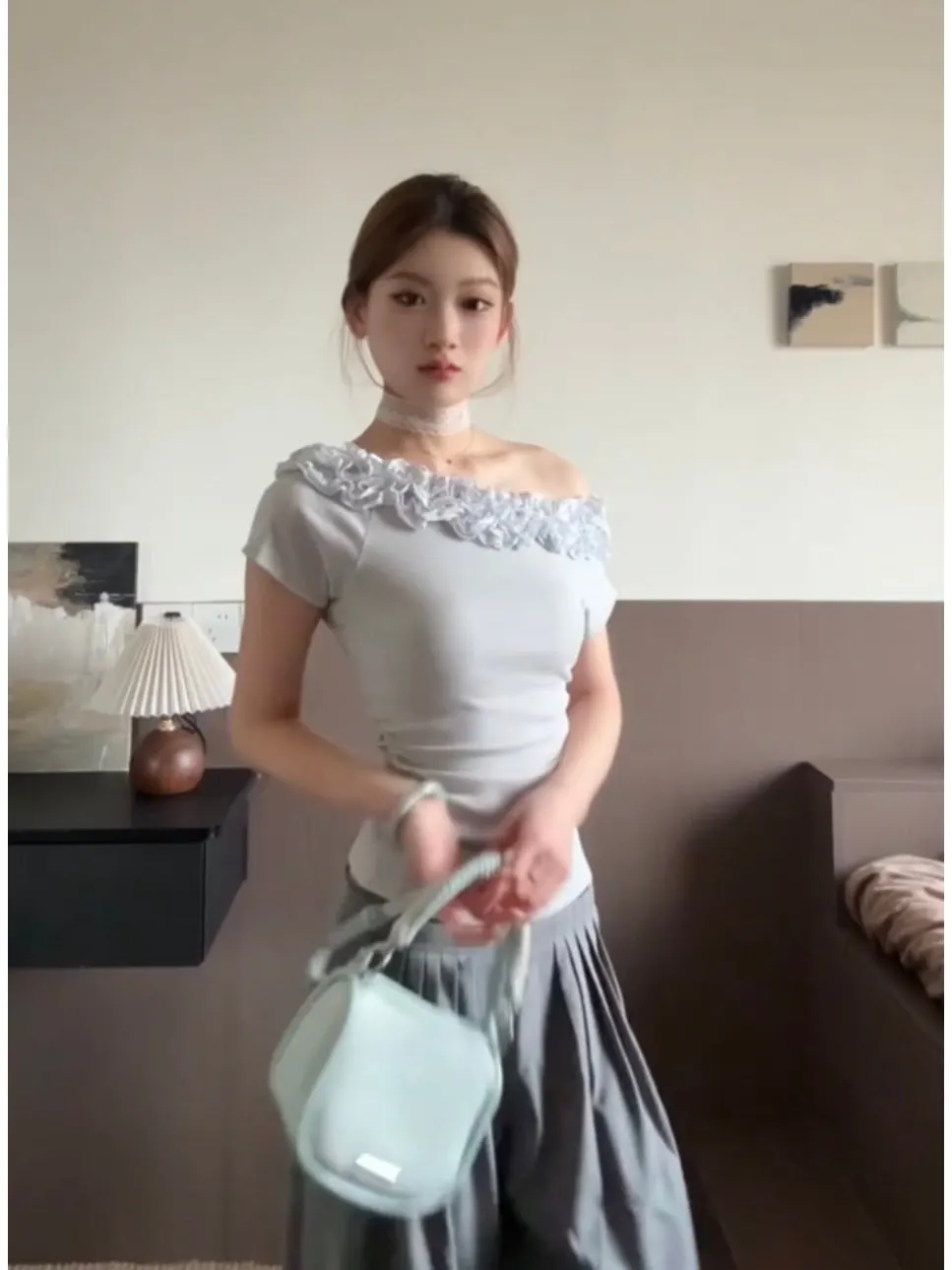 Korean Style Sweet And Spicy Short Sleeve T-Shirt Women's Summer Slim Fit Shoulder Bared Multi-Layer Ruffle 3D Atmosphere Top