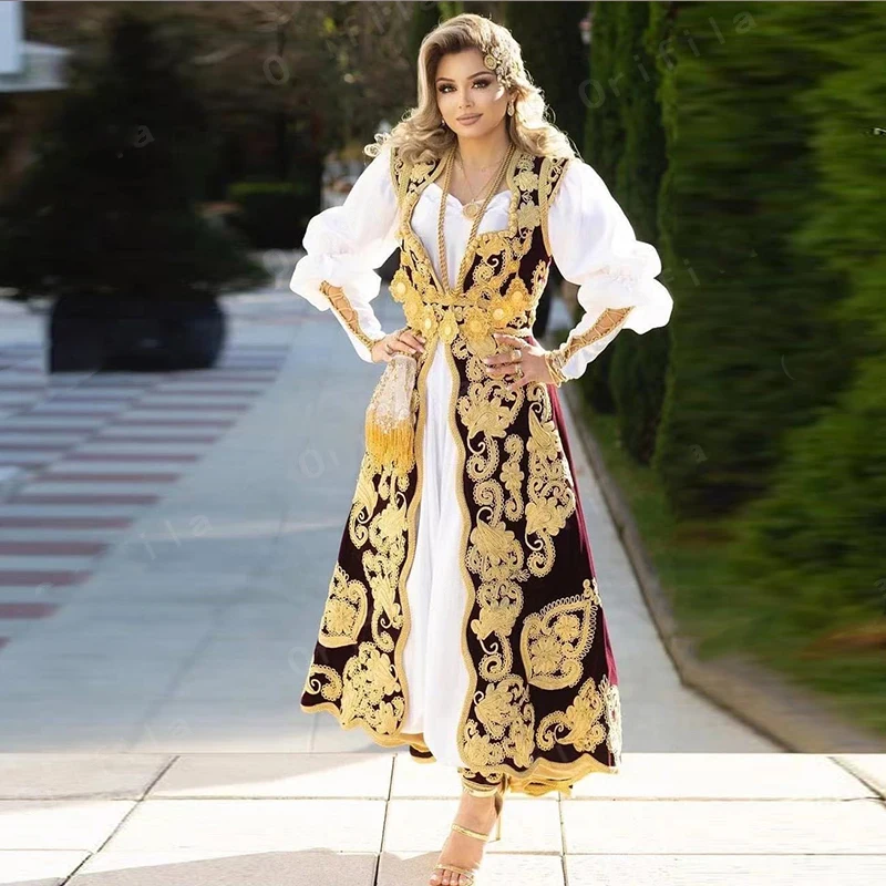 Traditional Kosovo Albanian Evening Dress with jacket outfit burgundy gold lace detail ankle-length Serbian prom gowns