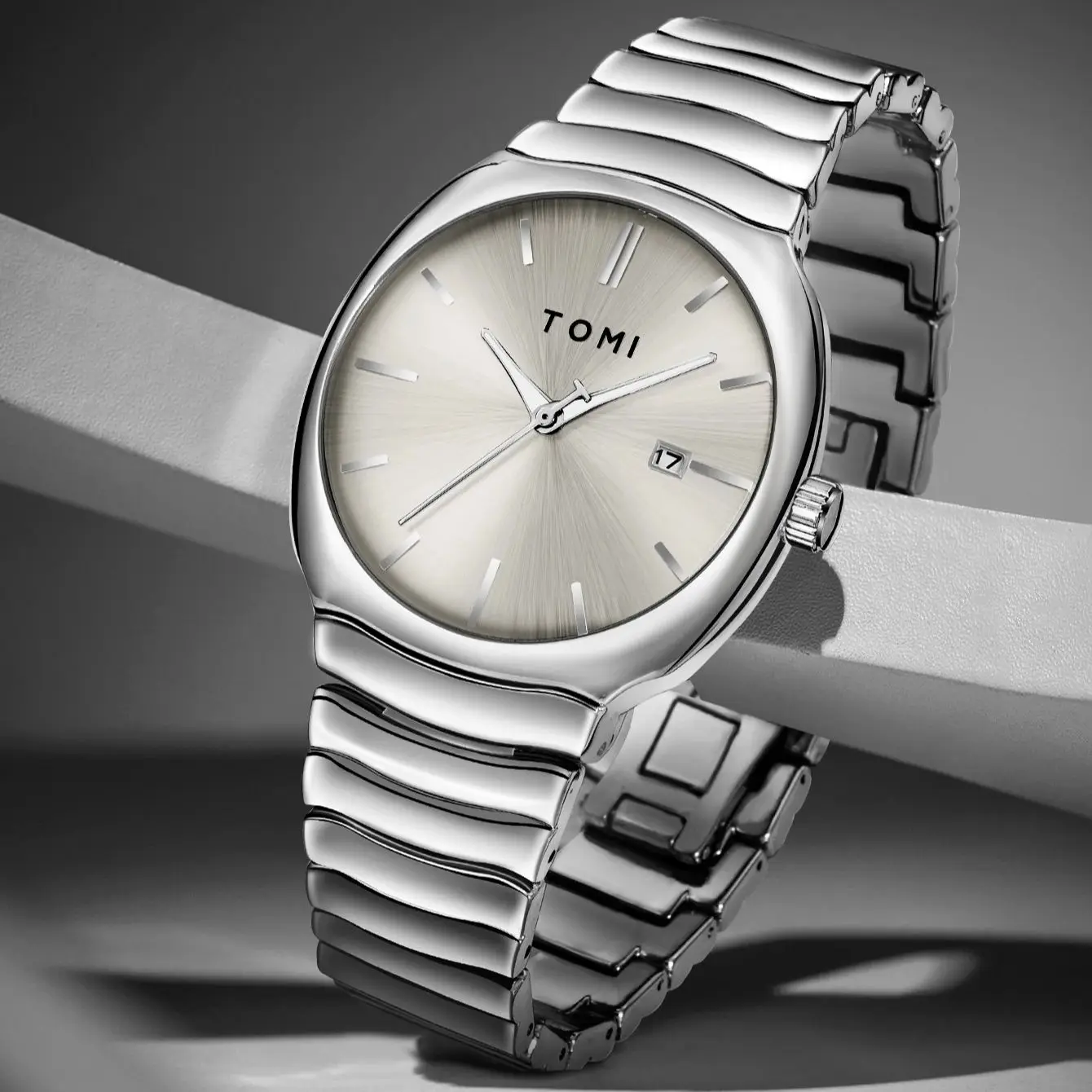 TOMI Minimalist Watch Set Mirror Polished Silver Dial Stainless Steel Milanese Band Business Casual Style With Bonus Accessories