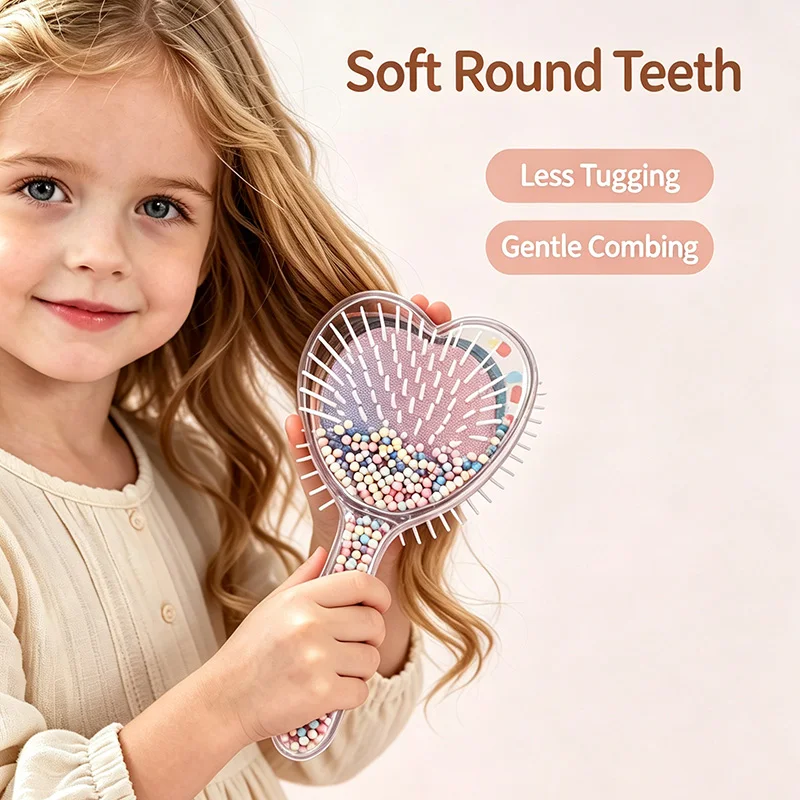 Heart‑Shaped Star‑Shaped Kids Hair Brush Clear Floating Beads Air Cushion Detangler Comb Round‑Tip Anti‑Pull Hairbrush For Girls