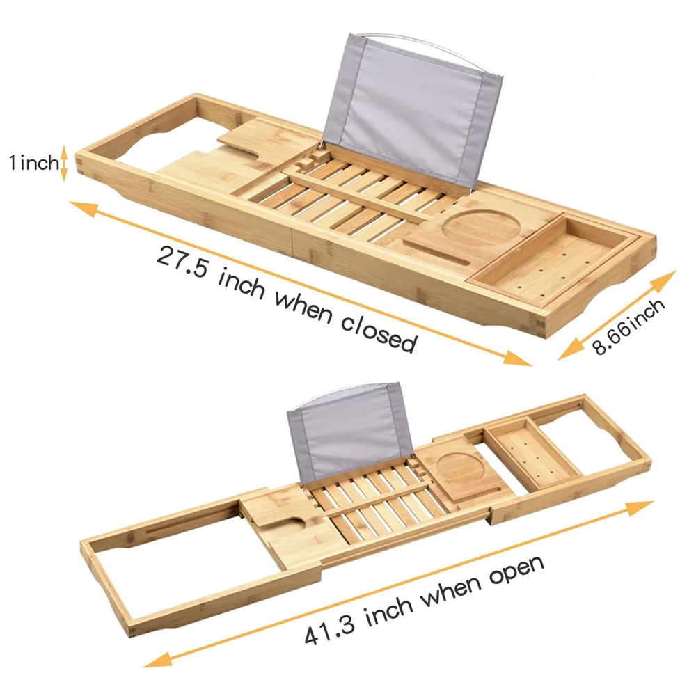 

Bamboo Bathtub Caddy Tray with Wine Glass Holder,Book Stand Bathroom Bath Caddy Tray Organizer with Extending Sides