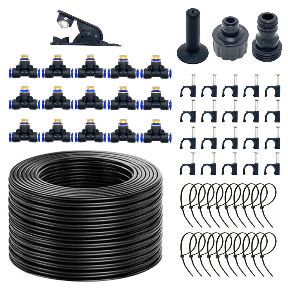 50ft Misting Drip Irrigation Kit 15M Black Garden Watering Hose Spray System With Brass Nozzles For Outdoor Patio Cooling
