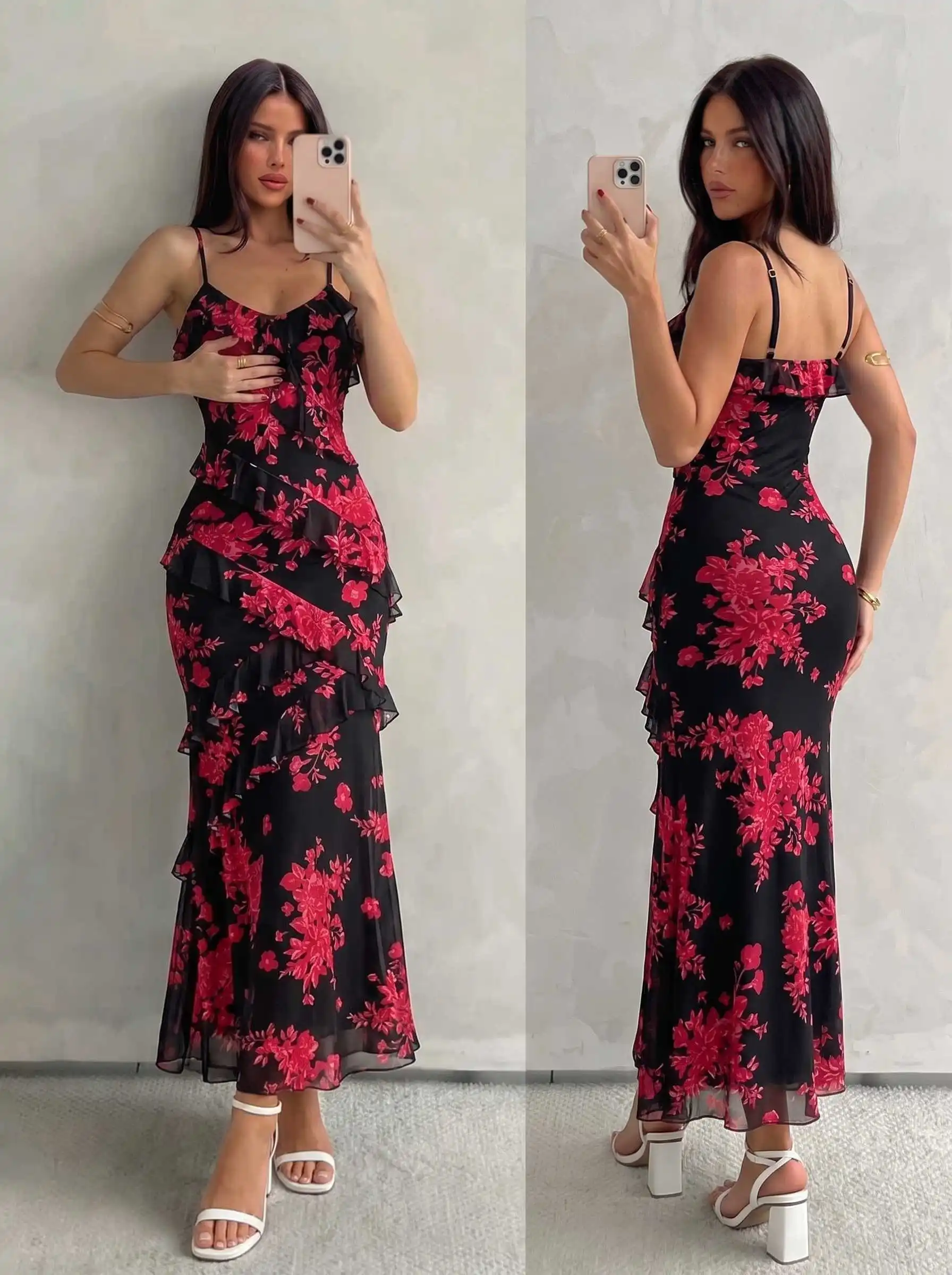 Damen Aquarell-Rosen-Print Cami-Kleid mit Rüschen, Chiffon-Midikleid, Spaghettiträger, fließendes Kleid für Urlaub, Strandparty, Ferien – Detail 5
