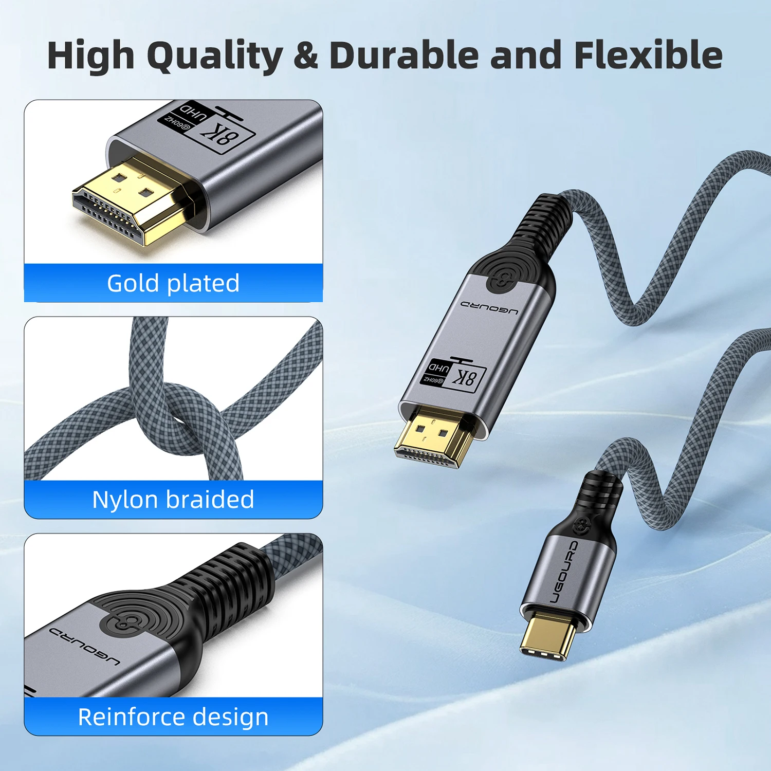 UGOURD Kabel USB C do HDMI2.1 typu C do HDMI 8K 4K60HZ Adapter Thunderbolt 3 4 do HDTV 2.0 Konwerter Kabel do iphone 15 MacBook