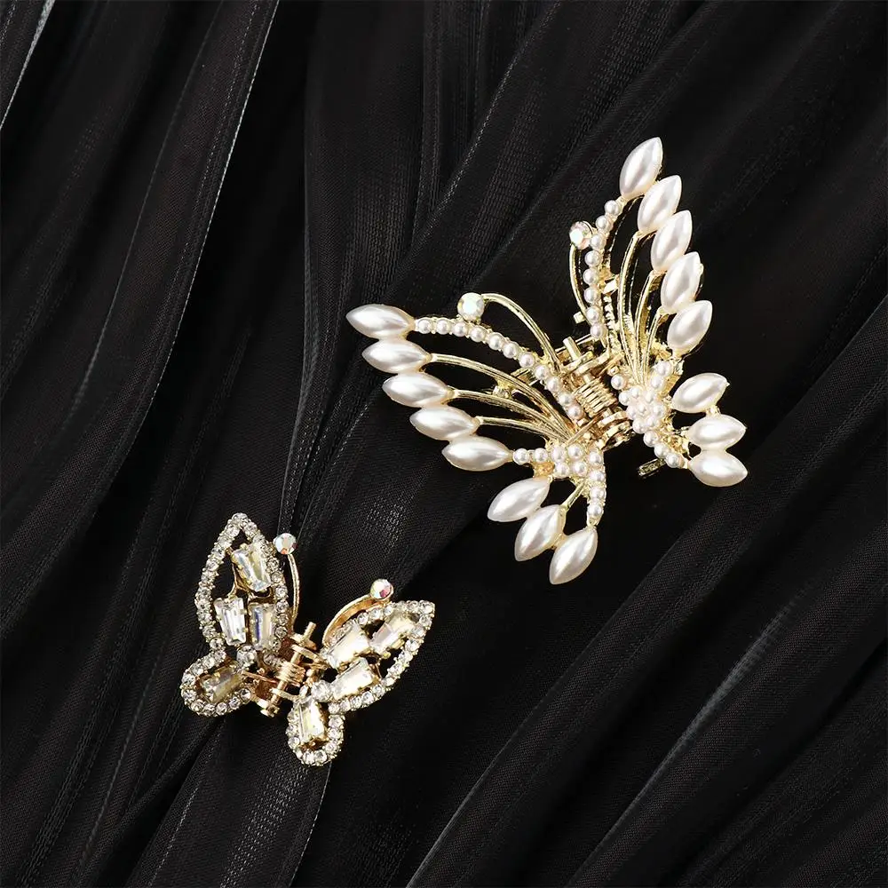 Butterfly Catch Clip Hair Clip Rhinestone Hair Claw Sweet Pearl Hair Accessories Female Fairy Temperament Small Clip