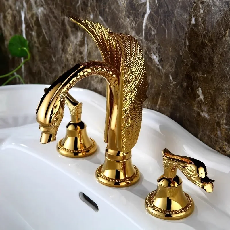 

Смеситель для раковины Gold Swan, латунный смеситель для ванной комнаты, широко распространенные смесители для раковины, 3-луночный смеситель для горячей и холодной воды, водопад, кран для воды