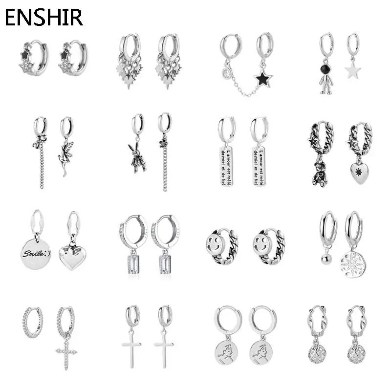 ENSHIR Silver Color Star Cross Hoop Earrings for Women Geometric Gift Jewelry Animal Earrings Wholesale