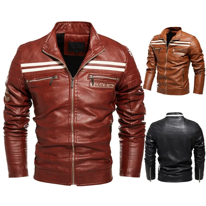 New Men's Jacket, Locomotive Jacket, Same Striped Leather , Velvet Leather Jacket for Men  Korean Fashion