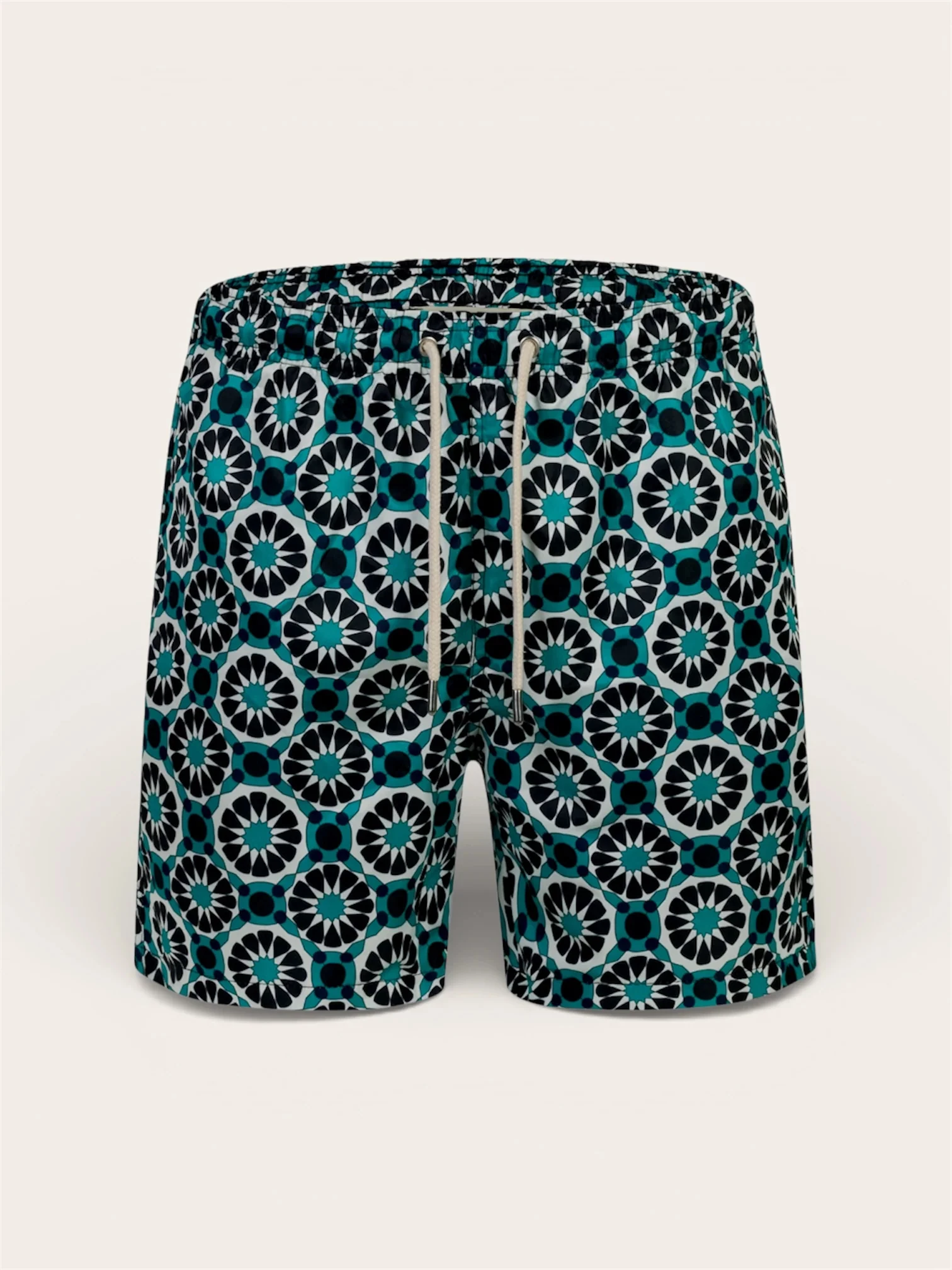 Men's Teal Geometric Floral Tile Print Swim Shorts Elastic Drawstring Pocket Quick Dry Light Beach Surf Vacation Trunks