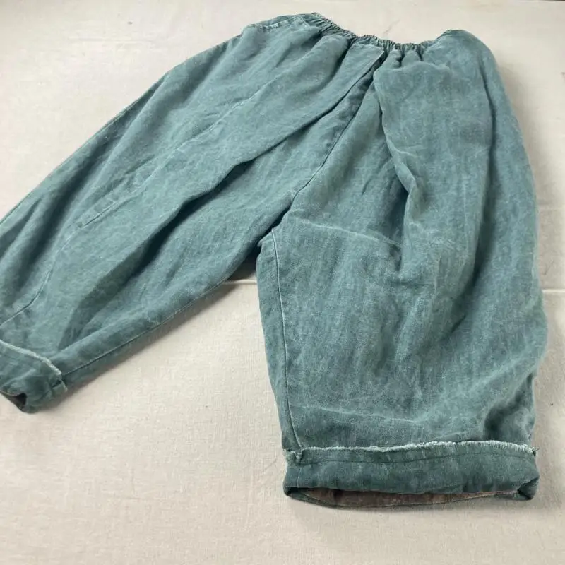 

Новое поступление 2025, осенние женские винтажные зеленые брюки с эластичной резинкой на талии, высокое качество, хлопковые и льняные свободные повседневные шаровары