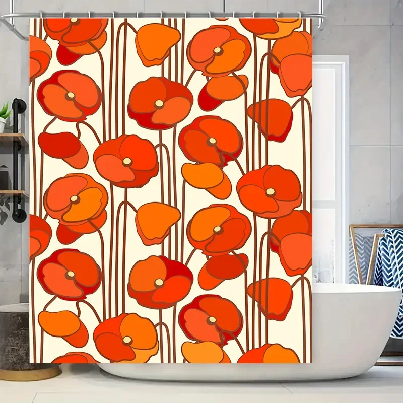 Modern Poppy Print Shower Curtain Vibrant Orange Red Bloom Flower Bath Decoration Home Decor Waterproof Fabric Hanging Set for B
