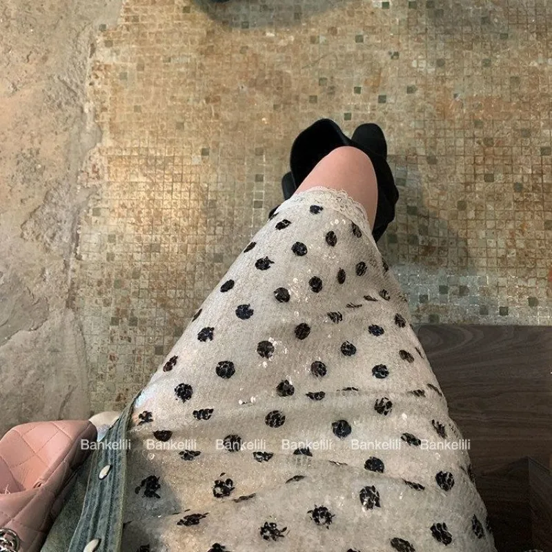 

Y2K Clothes Sequins Lace Skirt Women Textures Polka Dots Midi Skirt Kawaii Streetwear High-end Skirts Vacation Beach Skirt