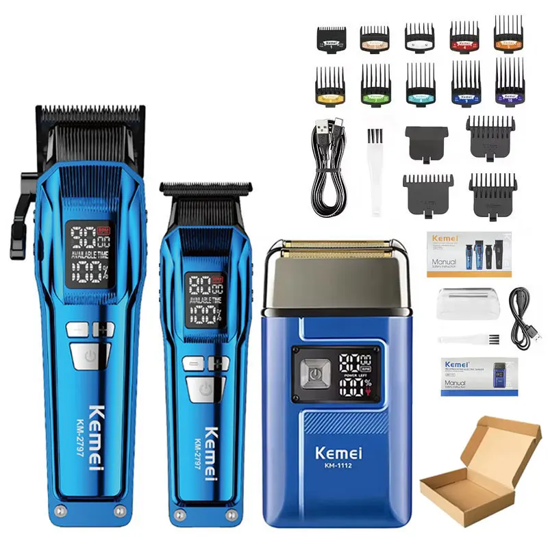 Kemei Trimmer KM-2797 Oplaadbare elektrische tondeuse Set LCD-scheerapparaat KM-1112 Droge en natte scheermachine Draadloze kit