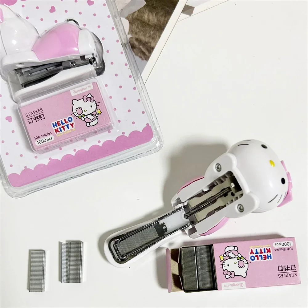 Set staples Hello Kitty dua warna lucu kartun KtCat, bahan siswa kertas tes mesin pengikat Mini Kawaii