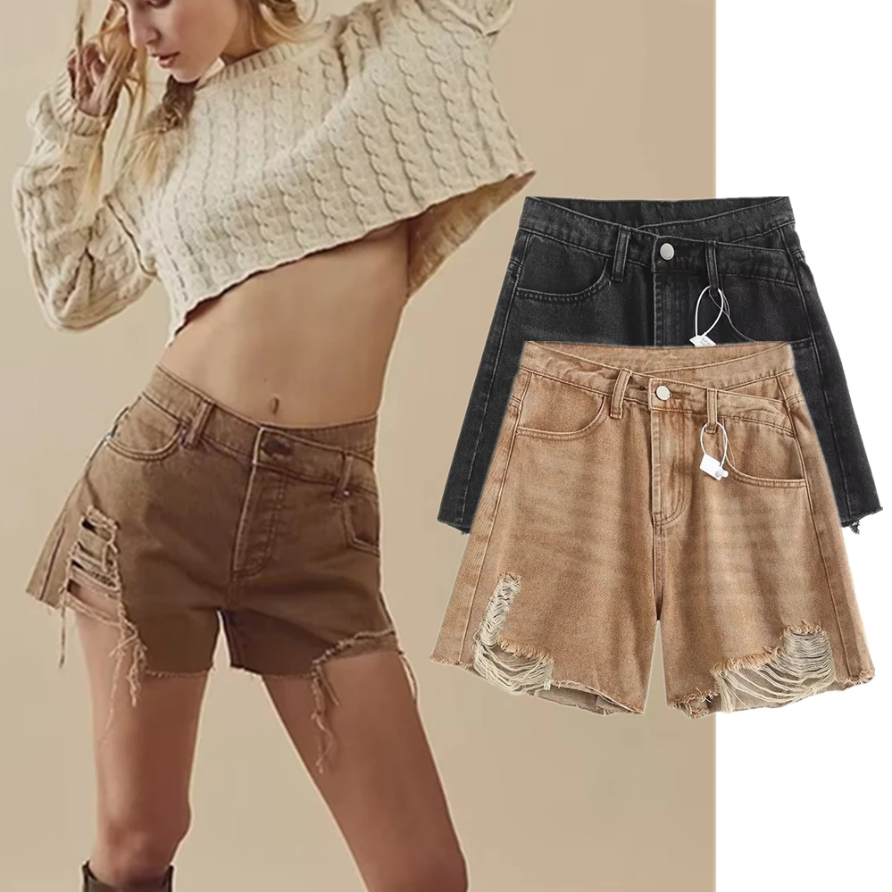 

Dave&Di Ins Fashion Blogger Retro High Waist Denim Ripped Mom Shorts Women Summer Bermuda Ladies