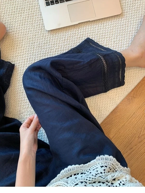 حجم كبير المطرزة الدانتيل تقليم عالية الخصر فضفاض واسعة الساق الجينز المرأة الخريف سراويل تقليدية الكورية Sle تخفيف الرياح