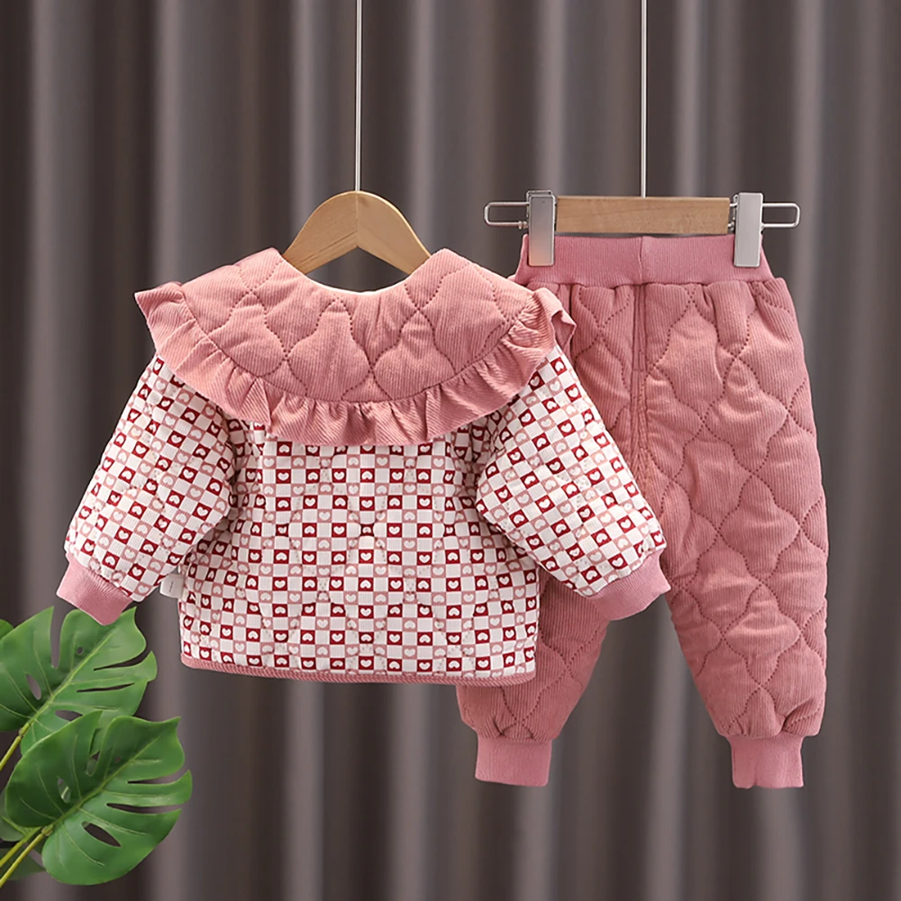 Infant Girls Cotton Padded Clothes Sets Winter Children Floral Print Turn-down Collar Warm Cotton Coats+Pants 2Pcs Kids Suit