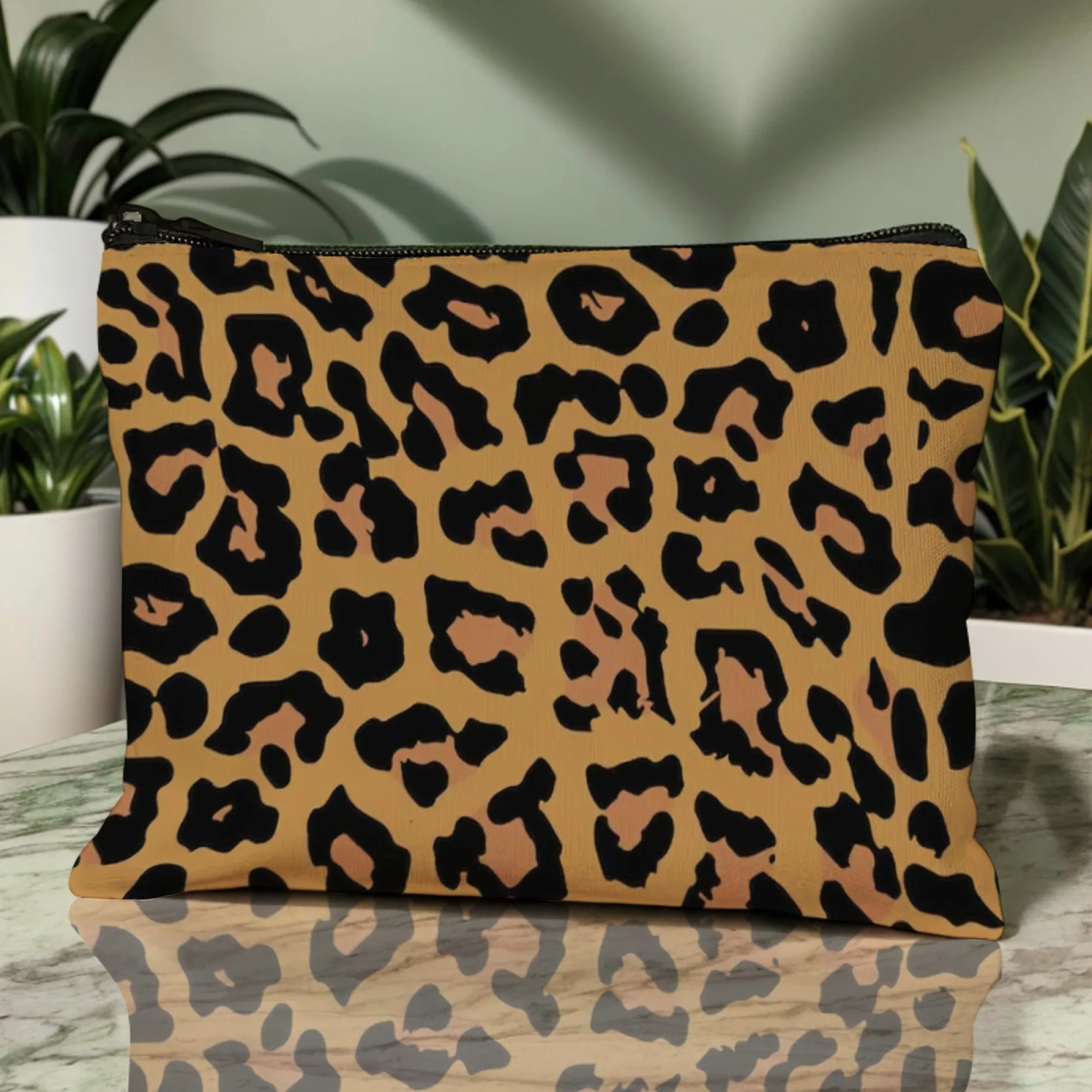Edgy Stylish Women Leopard-Print Makeup Bag Black Base with Brown Spotted Pattern Wild Cosmetic Organizer for Daily Travel Use