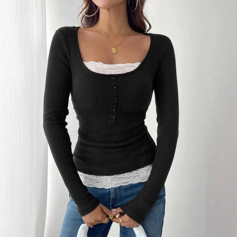 Women Square Neck Ribbed Long Sleeve T Shirt Lace Splice Fake Two Piece Slim Fit Casual Top For Autumn