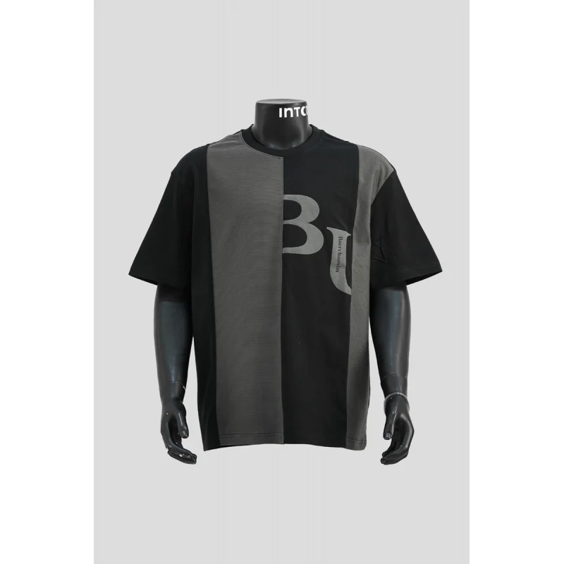 تي شيرت عصري بأكمام قصيرة للرجال صيفي مرقع ياباني متباين برقبة دائرية #6