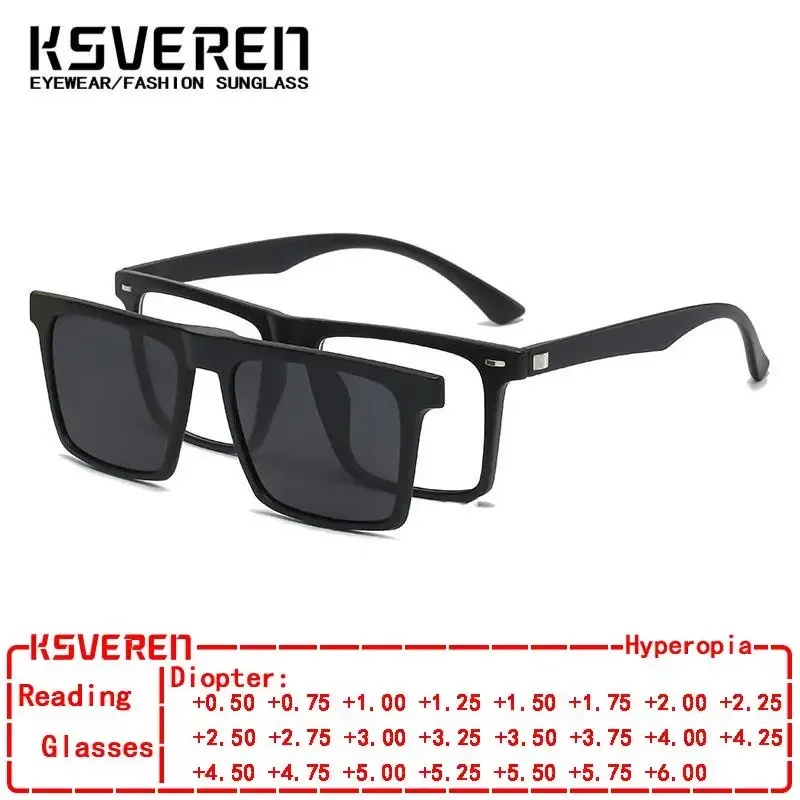 

KSVEREN квадратные TR90 очки для чтения с защитой от синего света мужские 5 в 1, поляризационные солнцезащитные очки с магнитным зажимом, женские очки для дальнозоркости