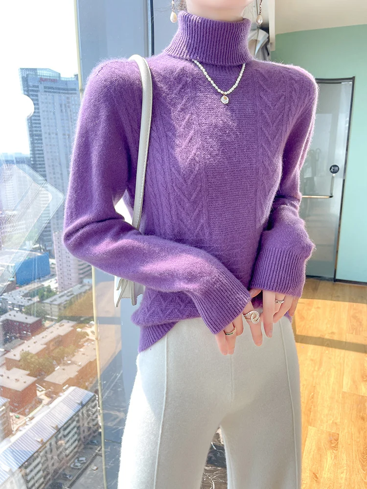 100% 메리노 울 여성용 하이 칼라 풀오버 가을 겨울 캐주얼 패션 따뜻한 두꺼운 니트 캐시미어 스웨터