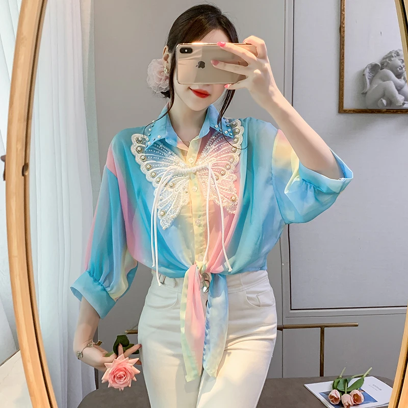 Chiffon Vintage Damesblouses Zomerapplicaties Damesoverhemden Regenboogpatchwork Kleding Verkoop Losse Diamante Tops Met Korte Mouwen