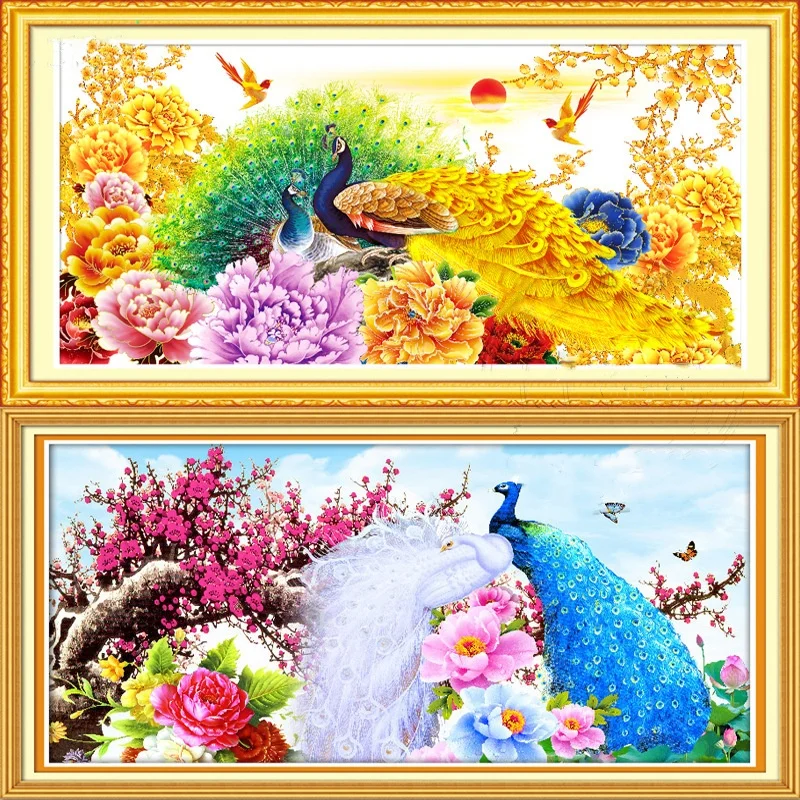 DIY 11CT Golden peony peacock horizontal large plum blossom peacock living room Cross Stitch Kits full Embroidery Needlework