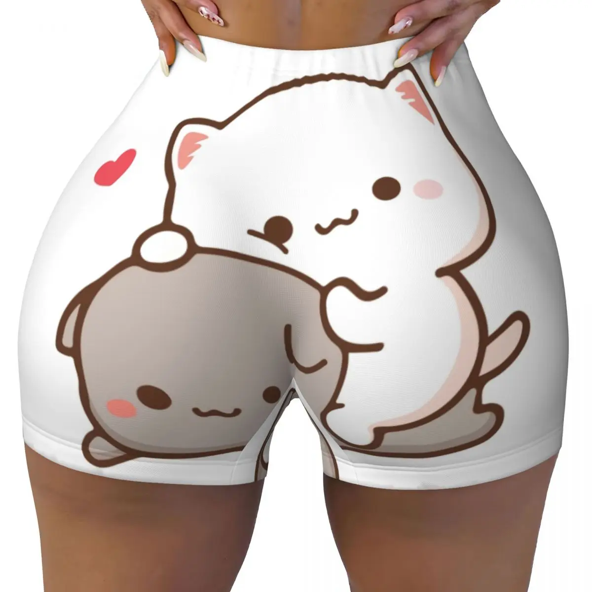 Custom Peach Sitting On Goma Volleyball Biker Workout Shorts for Women Cute Mochi Cat Gym Athletic Yoga Shorts
