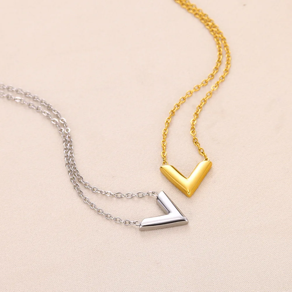 Stainless Steel V letter necklace Necklace For Women Gold Color summer collarbone chain Necklace Female Praty Jewelry Gifts