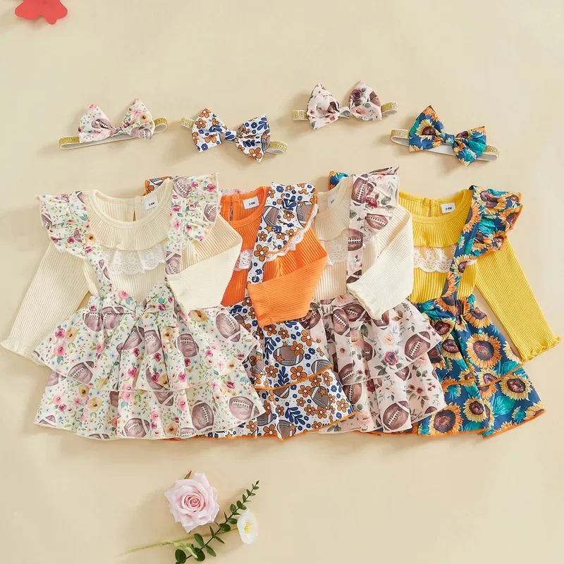 

Baby Clothing Girl Spring Autumn Lace Ruffles Bodysuit Rugby Print Suspender Skirts Headband Clothes Set