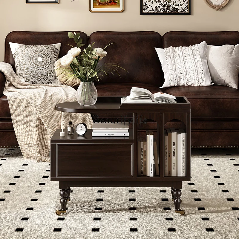 

03.American pure solid wood movable sofa side few small apartment living room small coffee table