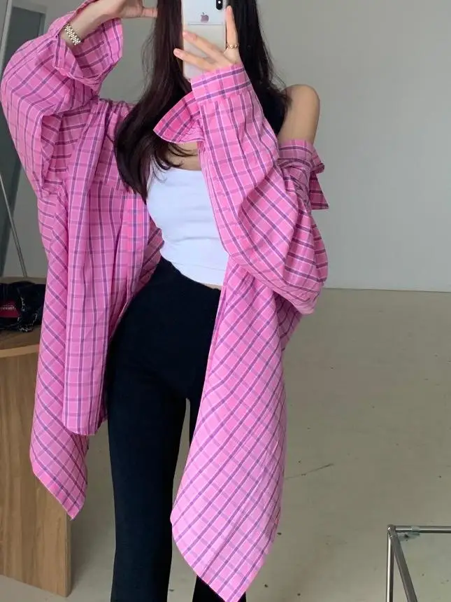 Plaid da donna irt Colletto vintage Sciolto Lazy Sle Dimagrante Versatile Protezione solare Bottone superiore Ba Cravatta Spacchi laterali