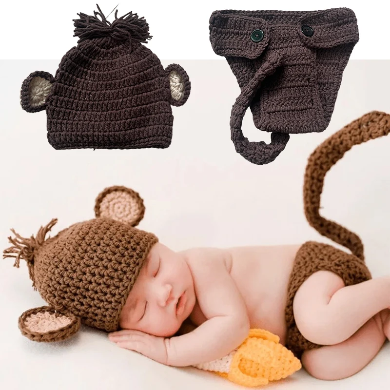 

Halloween Costumes Baby Photography Clothing Crochet Knitted Monkey Hat Diaper Cover Pants Banana Set Newborn Photoshoot Outfits