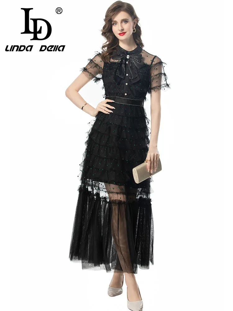 

LD LINDA DELLA 2024 Summer Luxury Dress Women's Vintage Gorgeous Beading Handmade Pearl Diamond Net Yarn Temperament Dresses