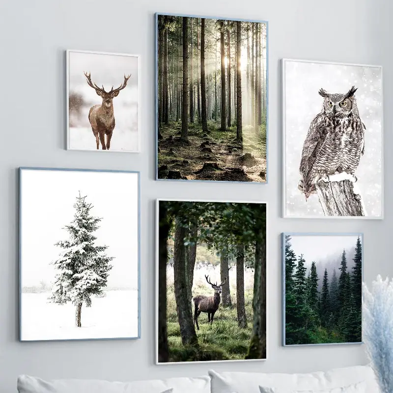 Winter Snow Forest Deer Owl Sunlight Landscape Painting Nordic Morning Scenery Canvas Poster Print Art Wall Pictures Home Decor