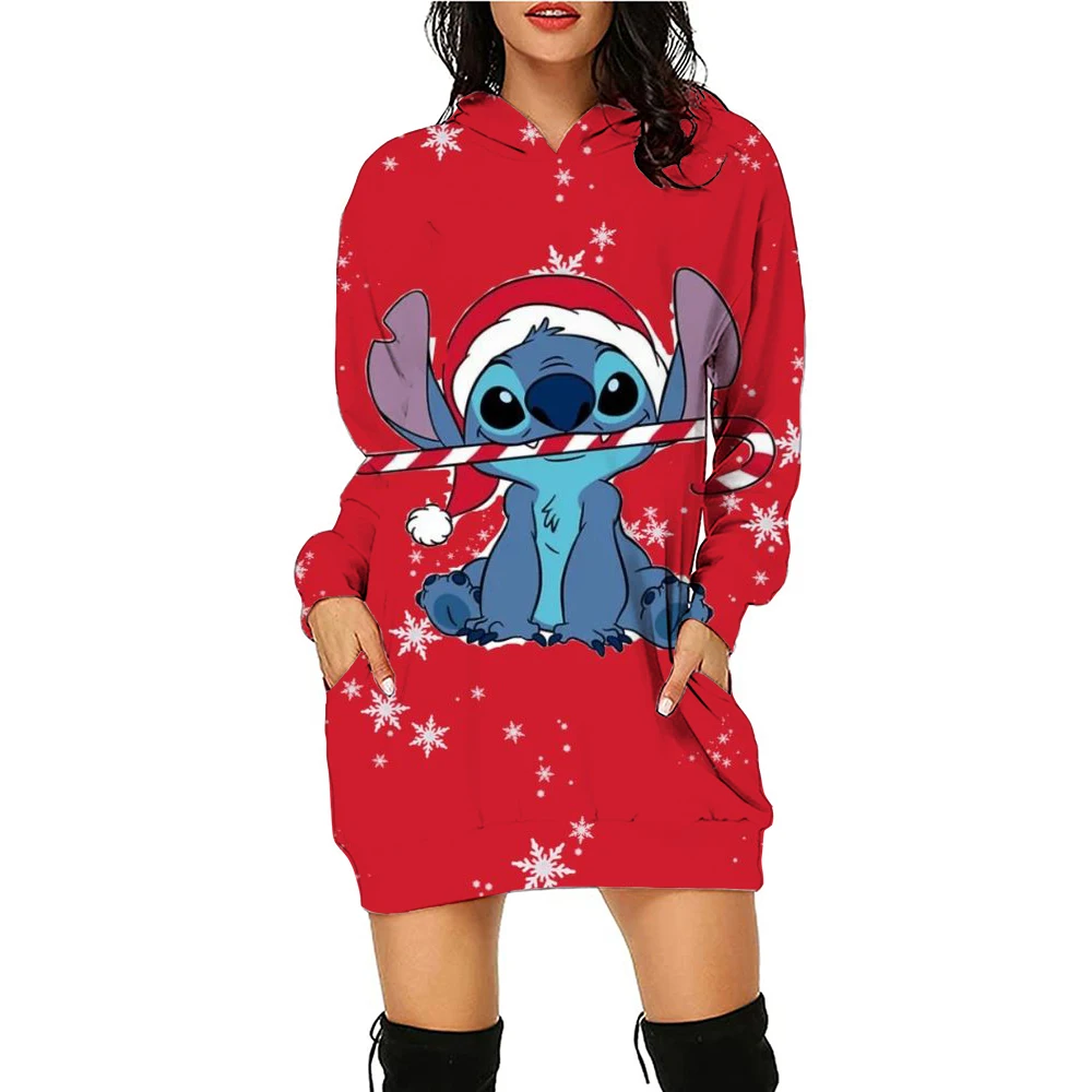 Disney Stitch Kawaii Women\'s Hoodies Dress Ladies Fashion High Quality 2024 Streetwear Youthful Woman Christmas Clothes Pullover