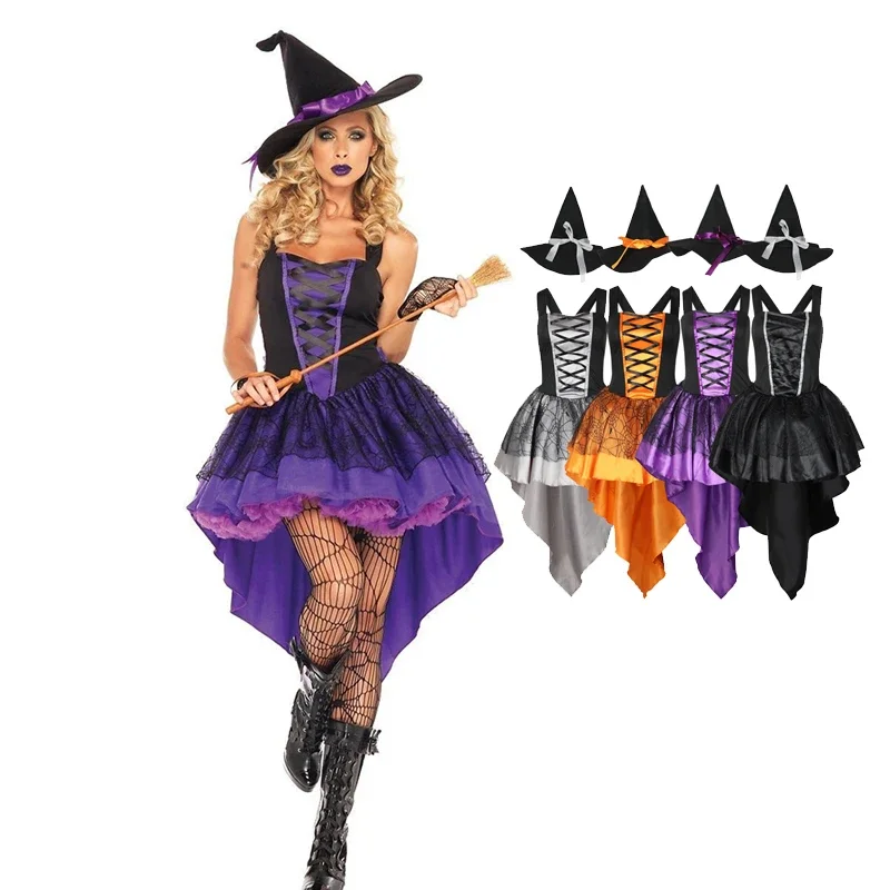 Carnival Halloween Lady Multicolor Tuxedo Witch Costume Cute Elegant Crape Magic Sorceress Playsuit Cosplay Fancy Party Dress