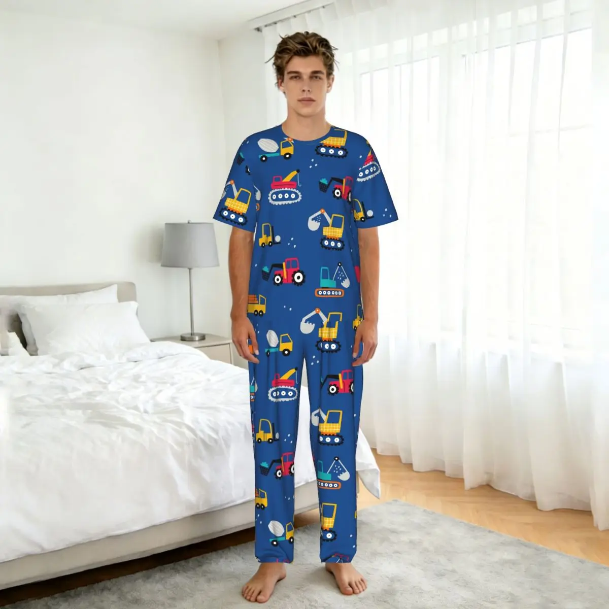 Men's short-sleeved pajamas two-piece trousers Cute Truck Car home wear suit sleepwear view 5
