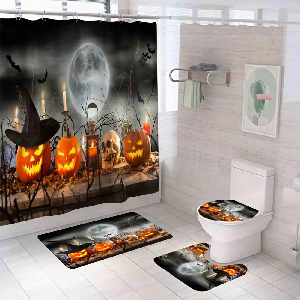 Hotel Bathroom Accessories Shower Curtain Set Spooky Bathroom Decor Set Halloween Castle Pumpkin Shower Curtain with Non-slip