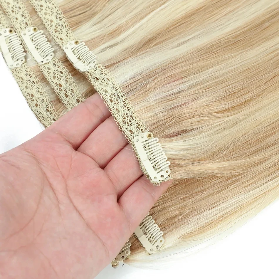 Clip In Hair Extensions Human Hair Straight Highlight Medium Brown Platinum Blonde 3 Pieces Remy European Hairpiece 14-28Inch