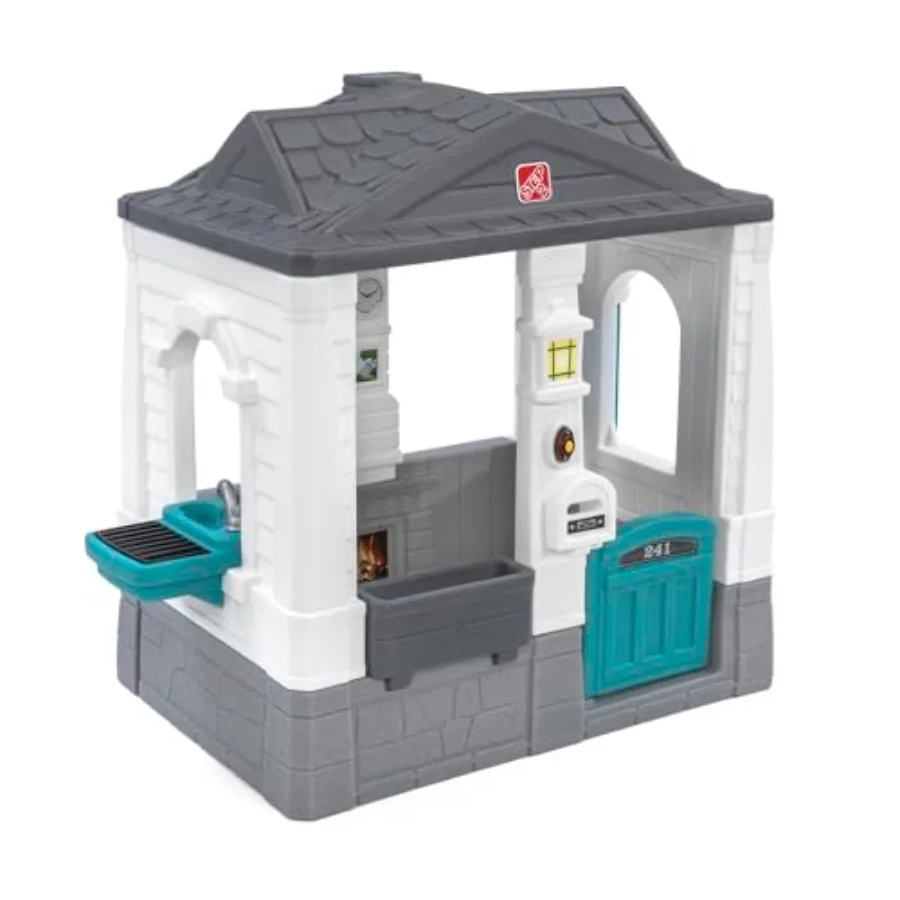 

Cottage-style kids playhouse for indoor and outdoor use, grey plastic construction, interactive sound features, neat and tidy d
