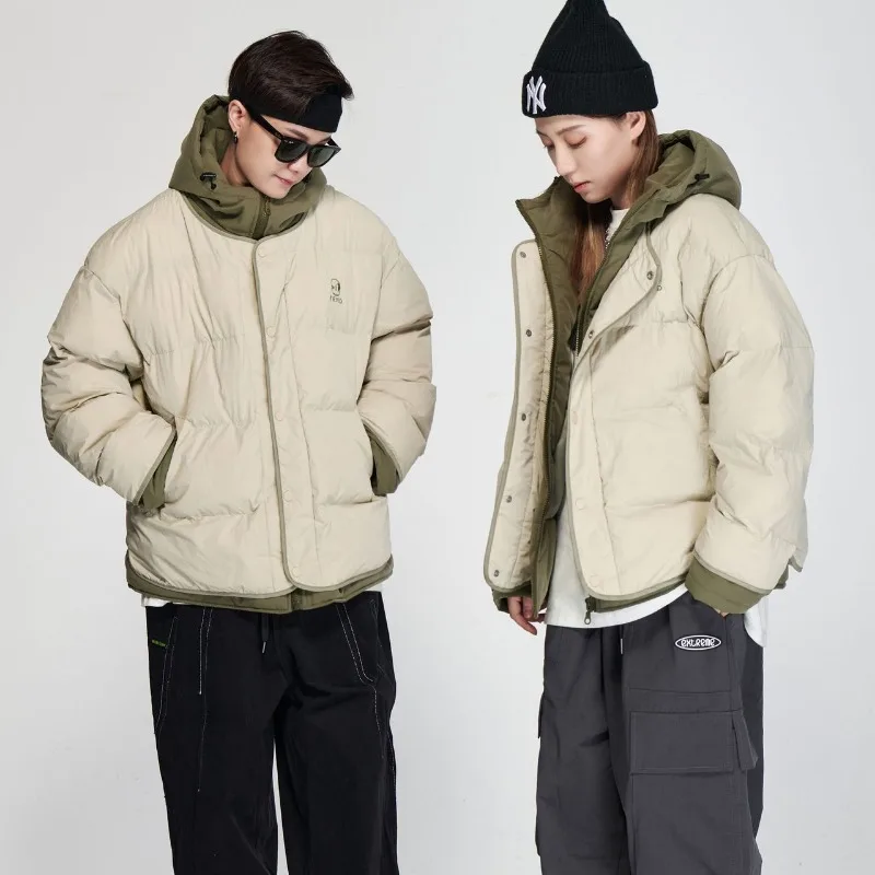 Parkas acolchoadas grossas masculinas, hip-hop retrô, estampado em letras, jaqueta inchada com capuz, casaco quente, roupa de rua, harajuku, inverno