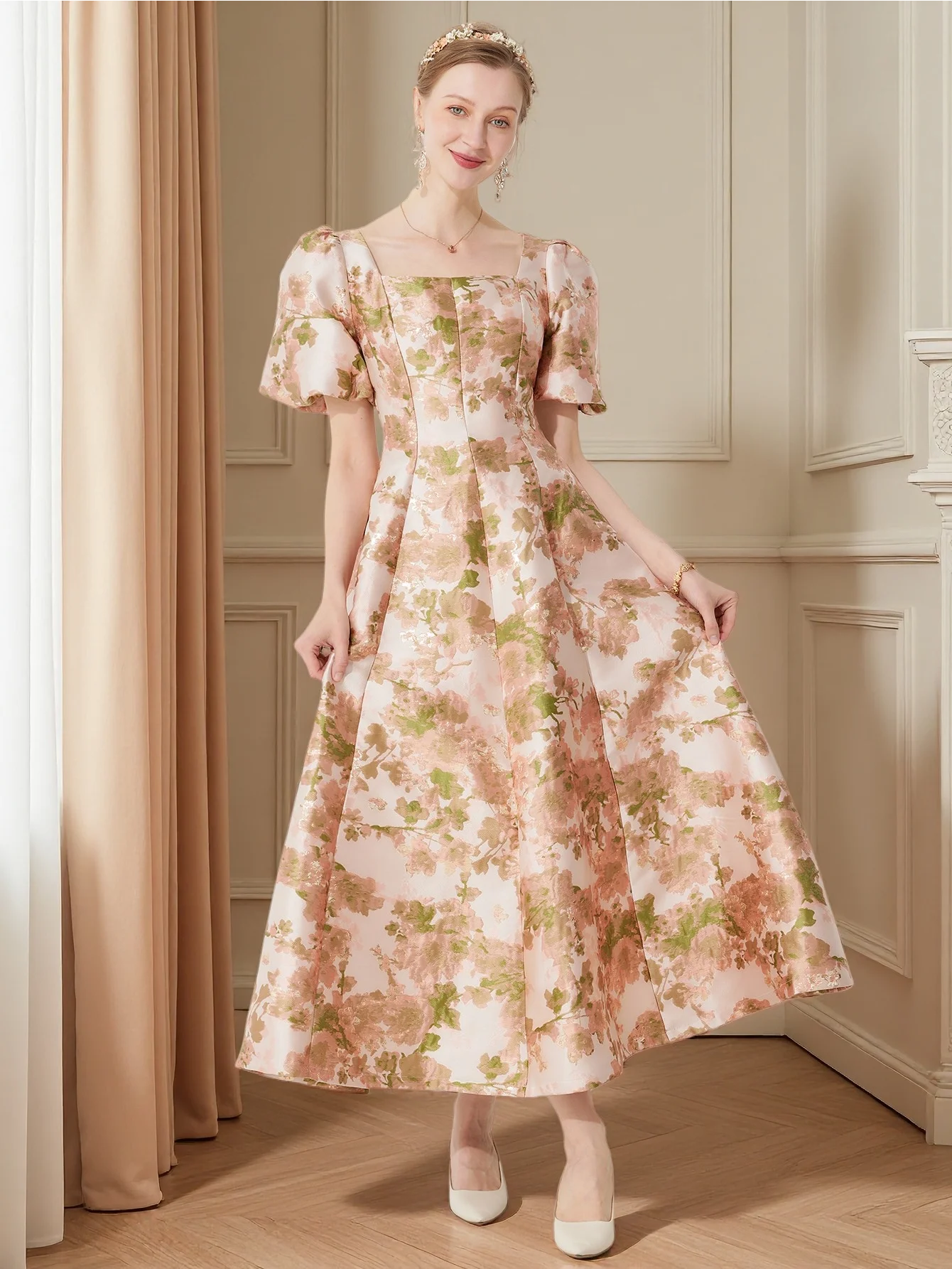 DEVCHATA Women Square Neck Puff Sleeve Floral Jacquard Midi Dress Elegant Wedding Guest Evening Party Tea Party Formal Dress