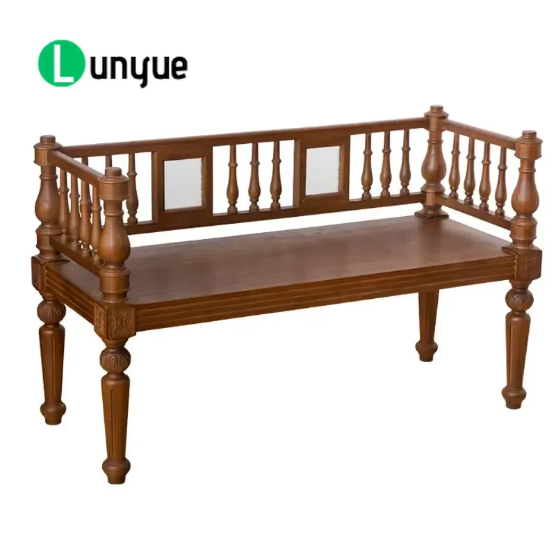 Vintage Wooden Movable Double Chair Bench Antique Style 2 Seater Sofa for Dining Room Living Room Bedroom Cafe Entrance Decor