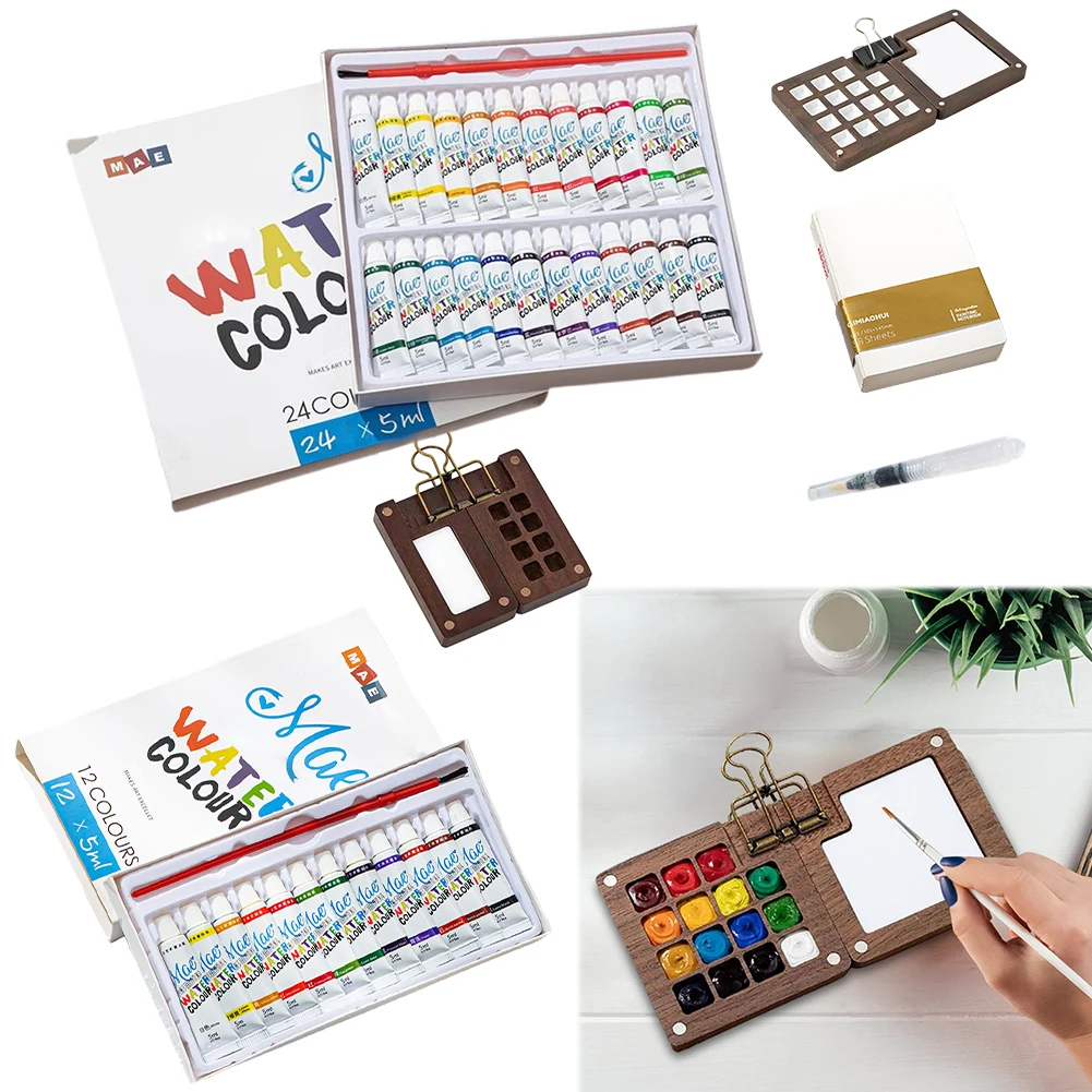 Travel Paint Palette Multi Colors Wooden Grid Paint Box Watercolor Sketch Book with Binder Clips for Painters Artists Students