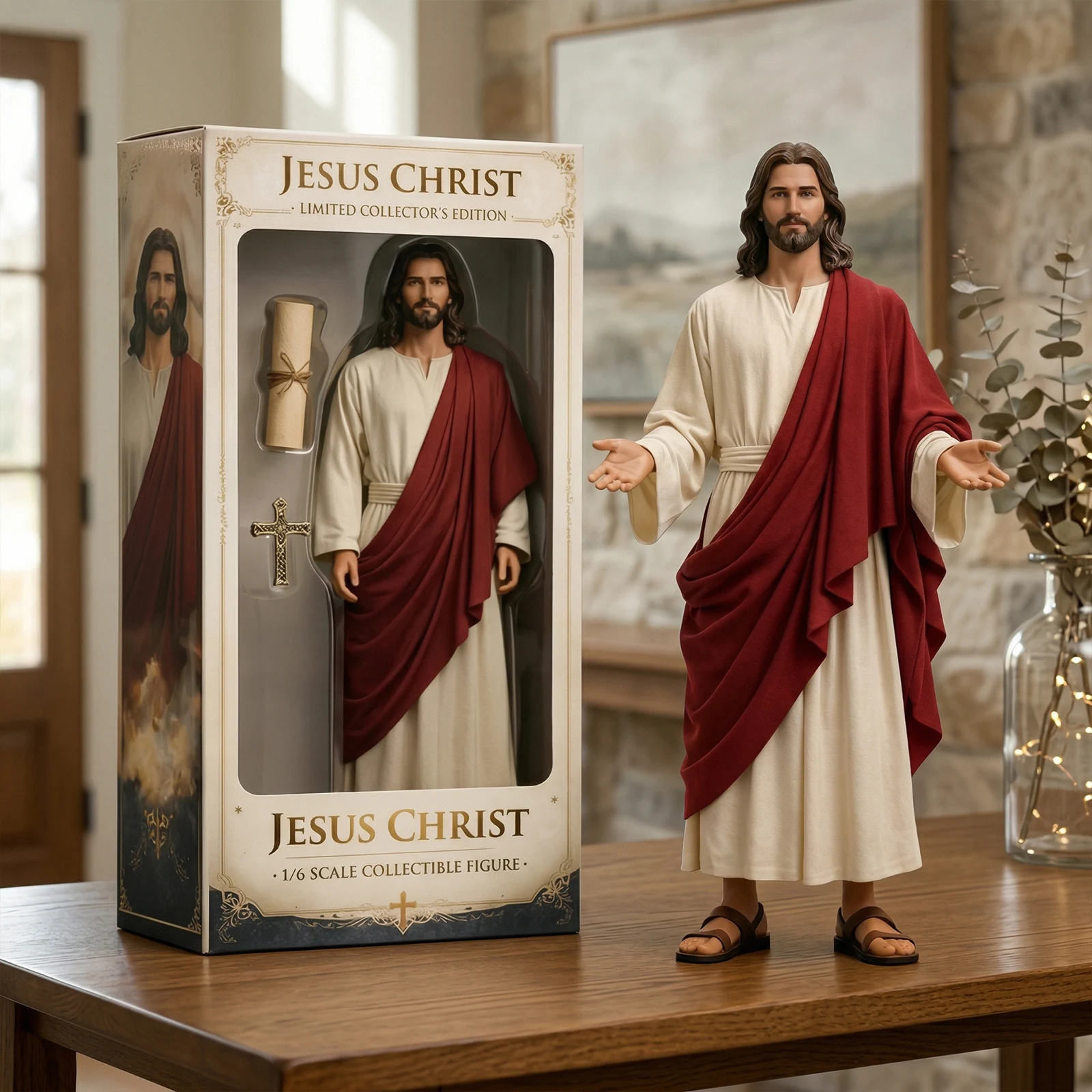 2D-Flachdesign einer Vintage-Jesus-Christus-Statue mit ausgestreckten Armen für religiöse Darstellungen, Weihnachtsfeiern und Cosplay. – Detail 4