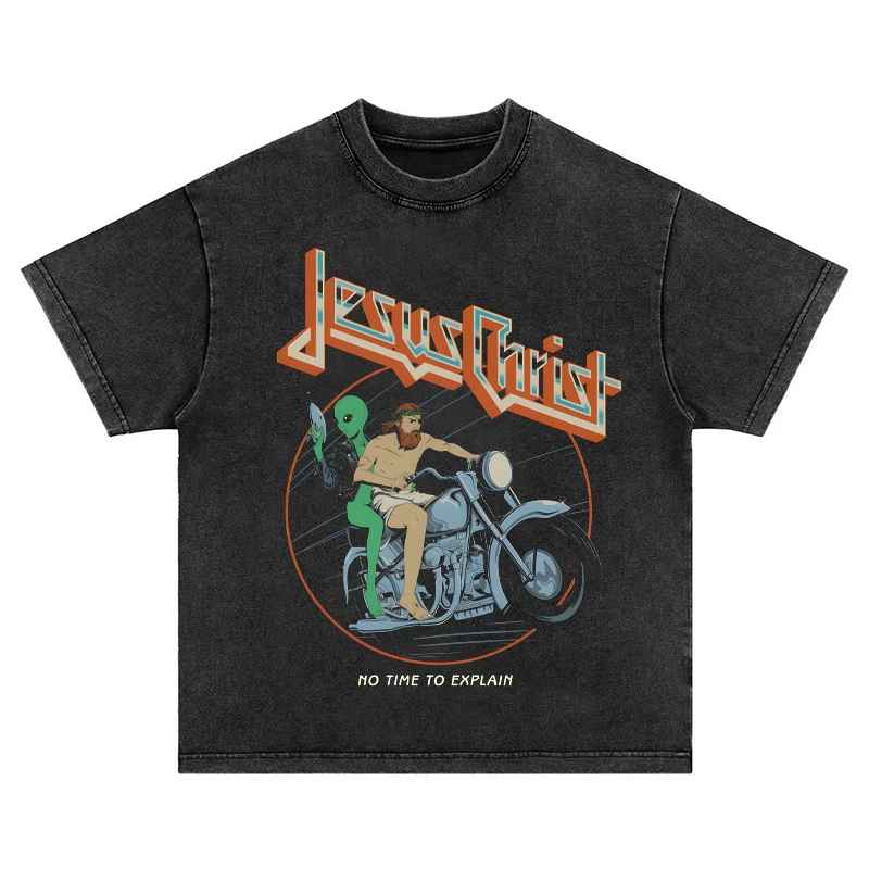 

Locomotive Alien American Retro Funny Washed Cotton Short-sleeved T-shirt Men's and Women's Autumn and Winter Casual Loose Top