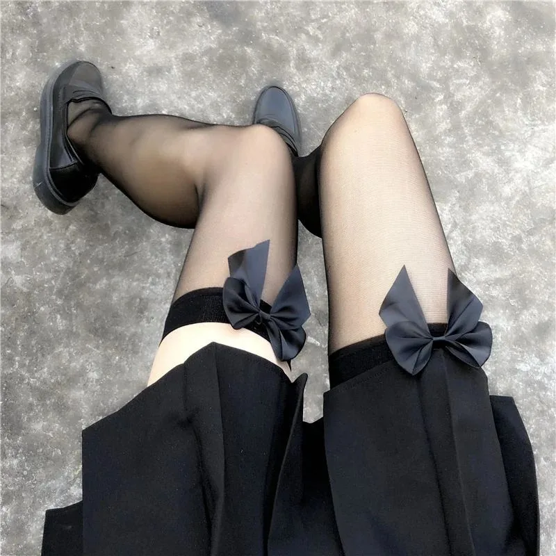 Women Girls JK Lolita Long Socks Sexy Black White Bowknot Stockings Lovely Sweet Lace Thigh High Socks Lady Over The Knee Socks